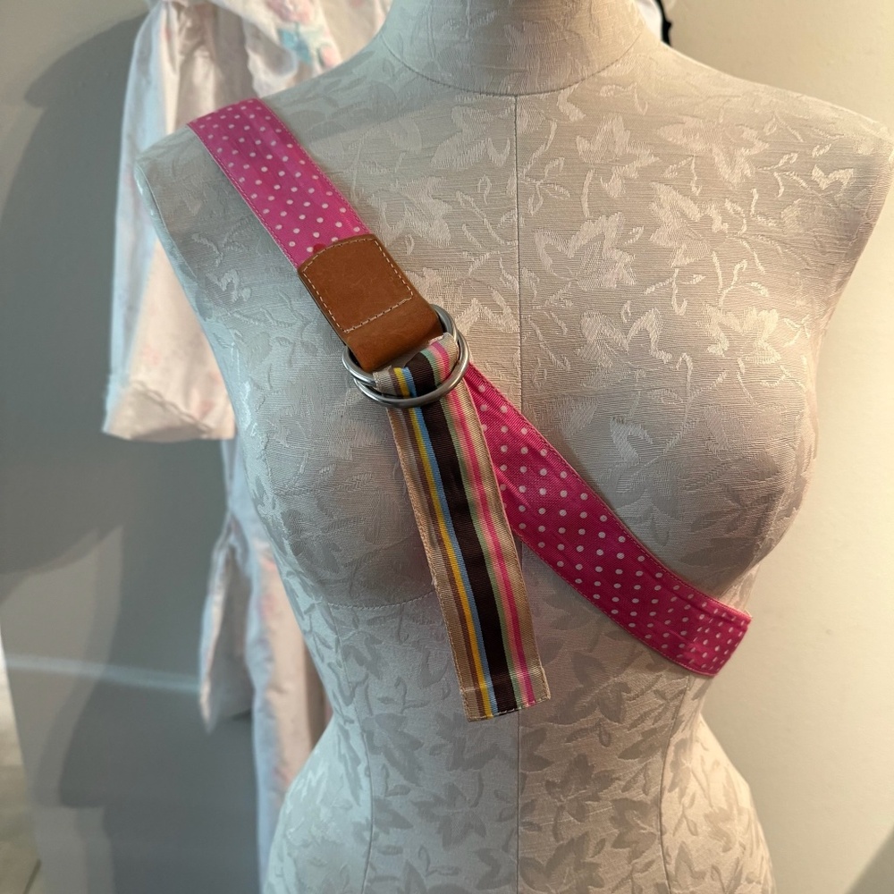 Reversible Pink/White Polka Dot & Brown/Beige/Pink Striped Grosgrain Belt